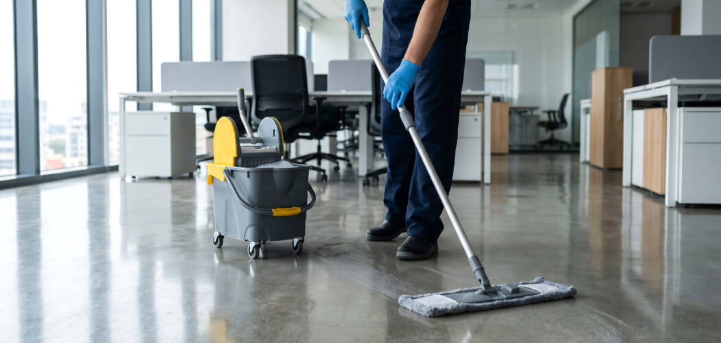 Professional janitor mopping commercial office floors for janitorial services in Oakville